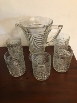 Vintage Glass Jug and 5 glasses 