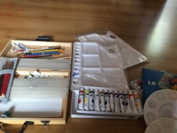 Acrylic paints, brushes, art pencils, water colours and trays  