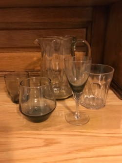 Vintage Smokey Glass Jug + 4 assorted glasses 