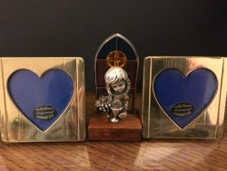 Two Brass Heart Frames + statue 